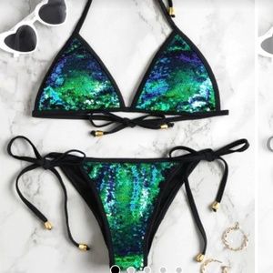 NWT green blue mermaid sequin bikini, cheeky botto